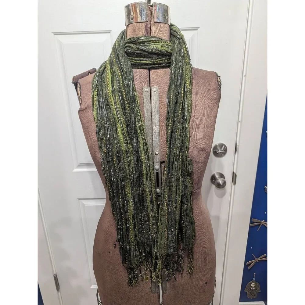 Boho Crinkle Scarf Olive Green Black Silver Metallic Tassel Belt Wrap 74x8.5